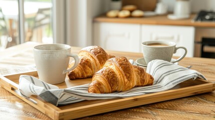 Croissants and coffee on bamboo tray with striped cotton towel on wooden table in kitchen.