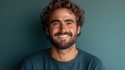 Canvas Print - A man with a beard and a smile on his face is wearing a blue shirt. He is looking at the camera and he is happy