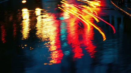 Sticker - A blurred reflection of colorful lights on a wet surface, creating a dynamic urban atmosphere.