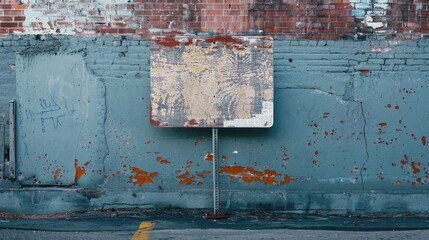 Poster - A weathered street sign leans against a brick wall, with a hint of urban decay