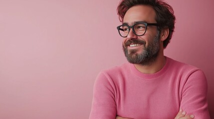 Wall Mural - A man with glasses is smiling and wearing a pink sweater. He is looking at the camera. Concept of warmth and friendliness