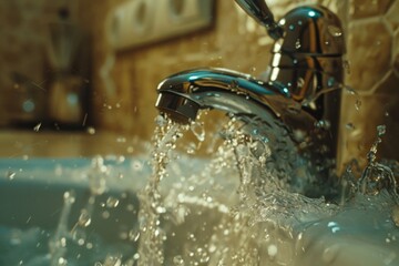 Poster - A detailed view of a faucet with running water, perfect for illustrations on plumbing, architecture or product design