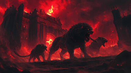 Powerful hades in the underworld with cerberus guarding, exuding mystery and fear. Cerberus. Illustration