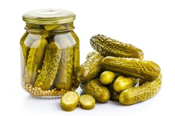 Canvas Print - Fresh cucumbers piled high next to a jar of tangy pickles