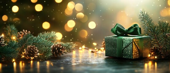 Christmas background with gift box and green ribbon on table, pine tree branches, lights, and bokeh. Holiday season greeting card banner