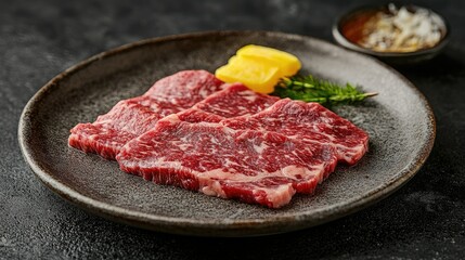 Gourmet Japanese Wagyu beef slices neatly arranged on a plate, ready for BBQ grilling. Ideal for food photography highlighting premium meat quality.