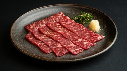 Wall Mural - Gourmet Japanese Wagyu beef slices neatly arranged on a plate, ready for BBQ grilling. Ideal for food photography highlighting premium meat quality.