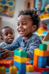 Sticker - Two kids constructing and having fun with building blocks in a playroom