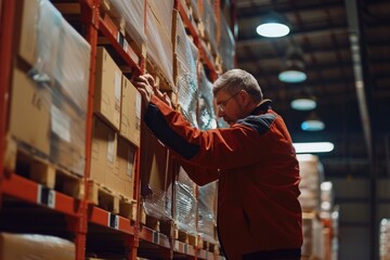 Poster - A person inspecting packaged goods in a large warehouse space