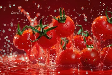 Poster - Fresh tomatoes falling into a pool or lake