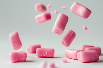 Poster - A bunch of pink candy cubes suspended in mid-air, perfect for illustrating sweet treats or playful ideas