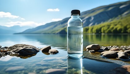 Wall Mural - Refreshing glass bottle of water nestled on rocky lakeshore with clear lake and majestic mountains under bright daylight