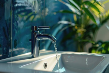 Aufkleber - A bathroom sink with water flowing out of the faucet