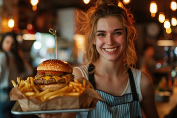 Wall Mural - A woman holding a tray with a hamburger and fries