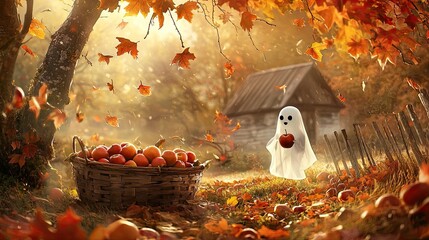 Charming ghost gathering apples in a rustic autumn landscape, with orange and red leaves falling around, a wooden basket filled with apples, cozy and peaceful mood