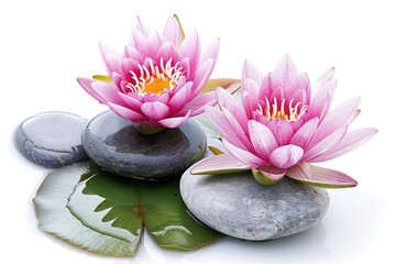Aufkleber - Two pink water lilies sit atop a pile of rocks, surrounded by serenity