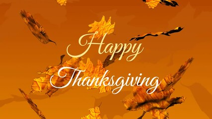 Canvas Print - Animation of happy thanksgiving text over autumn leaves on orange background