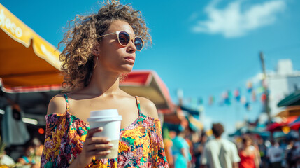 a woman enjoying coffee at an outdoor market at midday, with a clear blue sky above. she wears a bri