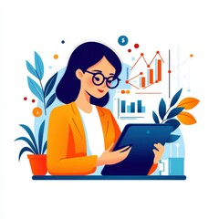 Poster - A young professional swipes through a digital goal tracker app on a tablet, reviewing their progress toward personal and professional milestones