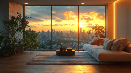 Poster - Modern living room with a stunning city sunset view.