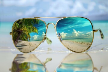 Poster - A pair of sunglasses reflecting a tropical beach scene