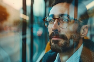 Aufkleber - A person wearing glasses gazes out of a window, possibly thinking or planning something