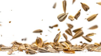 Poster - A collection of seeds suspended in the air, captured in a single moment