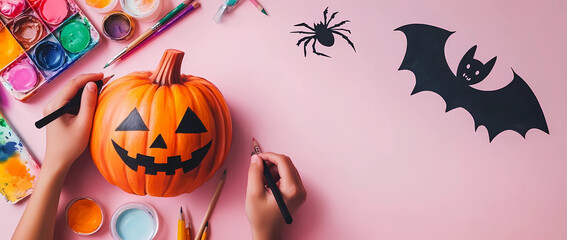  Photograph of a flat lay with hands drawing Halloween decorations on a pink background, with copy space for creative design and advertising