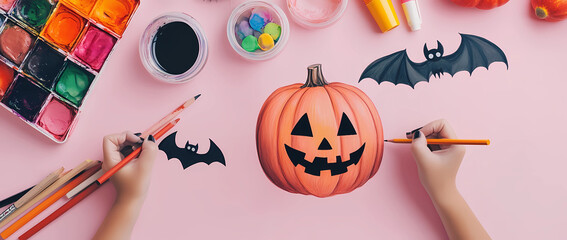 Wall Mural -  Photograph of a flat lay with hands drawing Halloween decorations on a pink background, with copy space for creative design and advertising