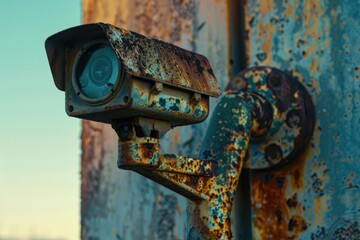 Wall Mural - A rusty camera mounted on the side of a building, ready for use