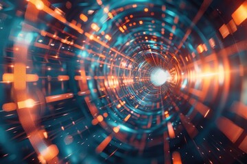 Poster - A blue and orange tunnel with lights shining from within