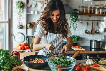 Wall Mural - A person prepares a healthy salad in a modern kitchen, perfect for a quick lunch or dinner