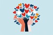 © Stone Story - Colorful hands reaching towards a tree made of heart shapes, symbolizing love, unity, and community on a light blue background.