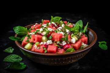 Wall Mural - A bowl of watermelon and blueberries with mint leaves.