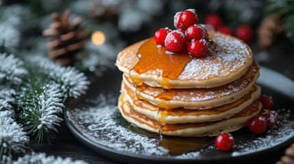 Poster - delicious stack of fluffy pancakes topped with maple syrup, perfect for winter comfort, food concept banner