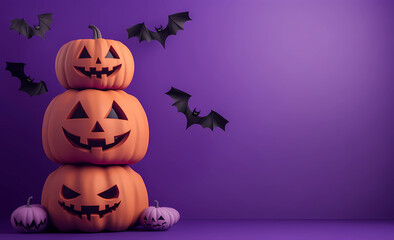 Wall Mural - Halloween pumpkins stacked with bats flying on a purple background banner, a minimal concept design. 