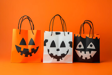 Halloween-themed paper shopping bags with different faces on an orange background. Halloween concept