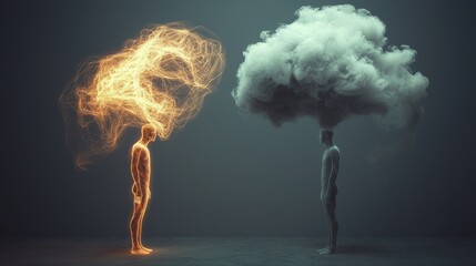 Action vs. Thought: Two figures, one full of glowing energy taking action, and another weighed down by a heavy cloud of thoughts, illustrating how thinking too much leads to inaction