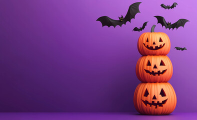 Wall Mural - Halloween pumpkins stacked with bats flying on a purple background banner, a minimal concept design. 