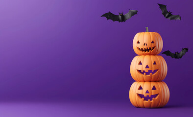 Wall Mural - Halloween pumpkins stacked with bats flying on a purple background banner, a minimal concept design. 