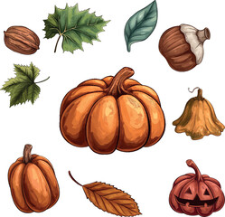 set of stickers in Autumn Fall style with pumpkins, leaves