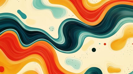 Poster - Vibrant abstract painting with flowing waves of orange, teal, and cream colors creating a dynamic texture