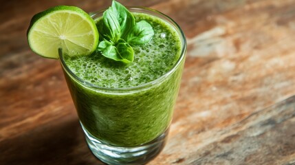 Green smoothie with lime and basil on wooden table