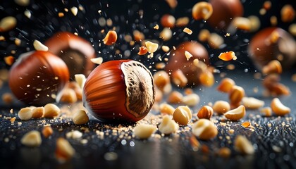 Wall Mural - Dynamic high-speed photography capturing the elegant motion of hazelnuts in flight