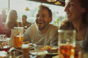 Canvas Print - People sharing meal and drinks around a table