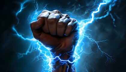 Electric Fury: Fist Empowered by Blue Lightning Bolts Against a Dark Background