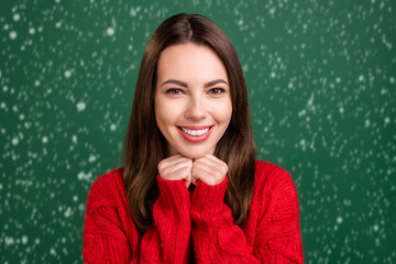 Poster - Photo portrait girl wearing knitted pullover pretty cute smiling happy isolated green color background