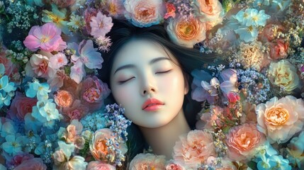 Wall Mural - Woman's Face Surrounded by Delicate Flowers