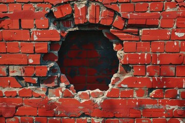 Poster - A worn-out brick wall with a hole in it, perfect for use as a background or to represent damage or decay