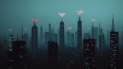 Wall Mural - An abstract urban skyline at night with phone icons and signals hovering above buildings, representing the non-stop, on-call nature of city life